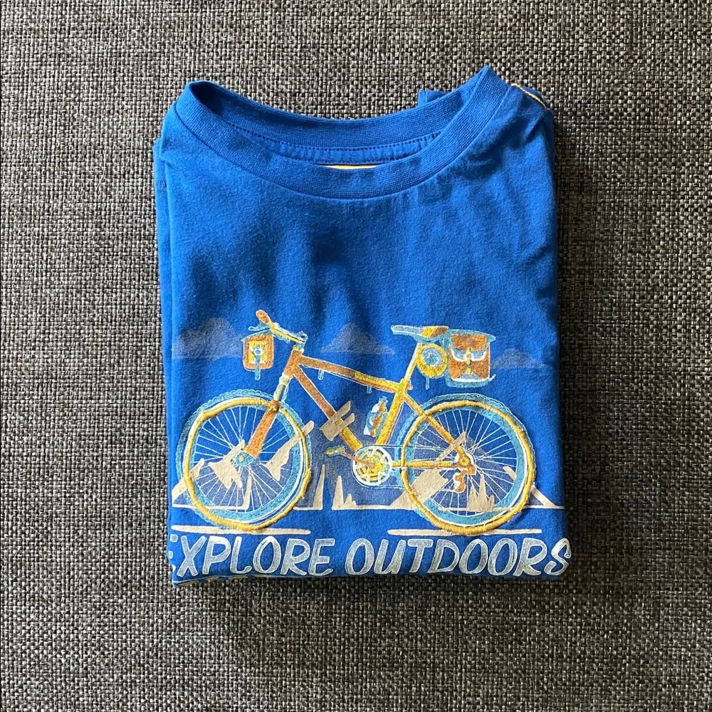 🚲 NWOT FatFace Blue Embroidered Bicycle Graphic Tee Kids Long Sleeve, S 6/7